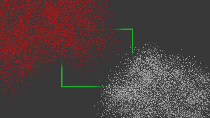Abstract dispersion with red and gray particles and green square