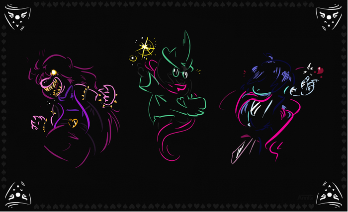 Deltarune characters Susie, Ralsei, and Kris