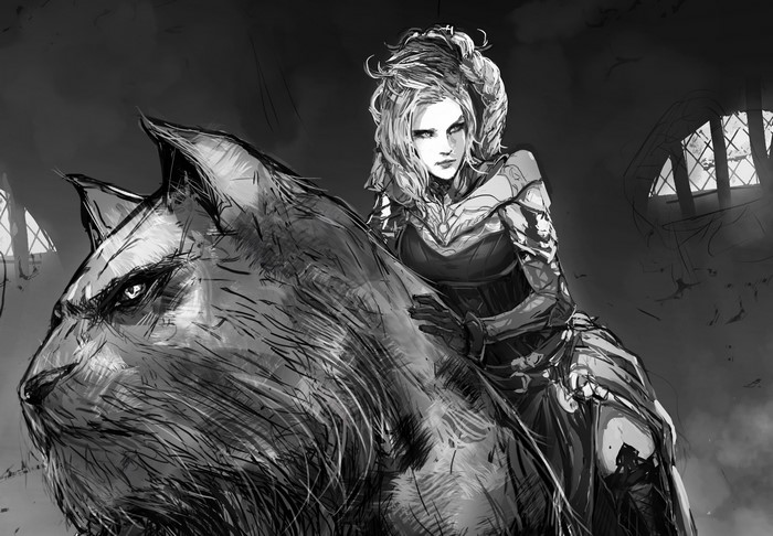 Female warrior riding a wolf in a dark castle