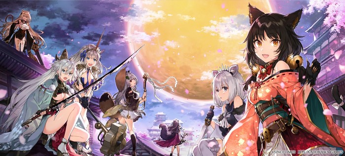 Anime girls with animal ears and weapons in front of a large moon