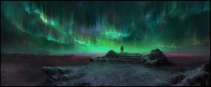 Man watching aurorae from a cliff