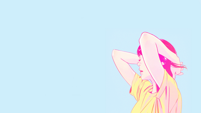 Woman with short hair and arms up, digital art