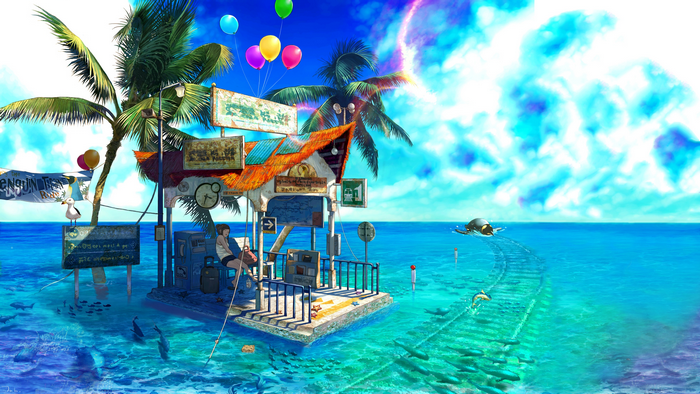 Anime girl at a tropical island bus stop with underwater life