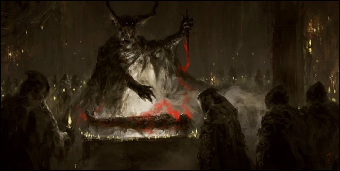 Demon performing ritual with dagger and blood