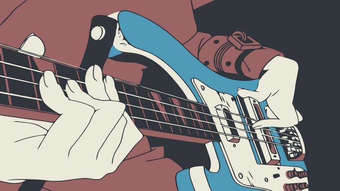 Haruhara Haruko playing a blue bass guitar