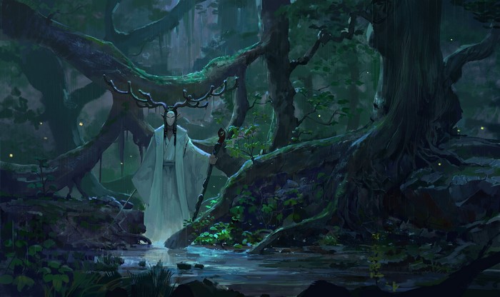 Fantasy character with horns and mask in a rainy forest