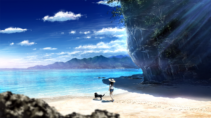 Girl and dog on a sunny beach with ocean and mountains