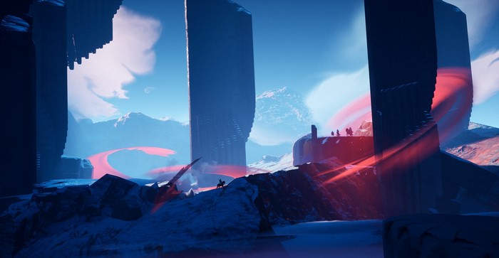 Fantasy landscape with riders and monoliths