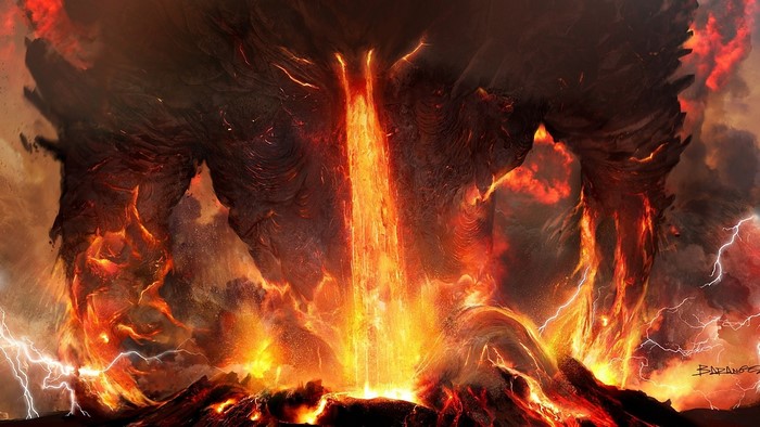 Fantasy art of a volcanic eruption with lightning