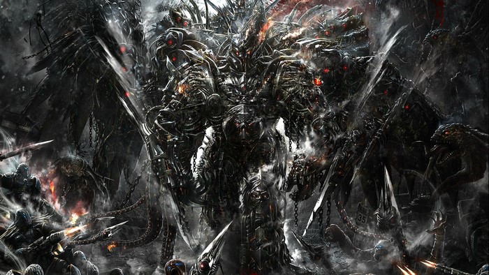 Dark Futuristic Machine with Red Eyes and Soldiers