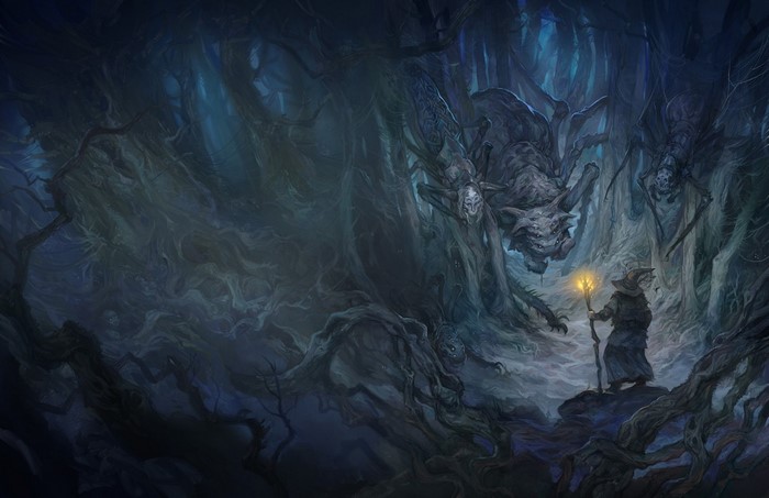 Gandalf confronts giant spiders in a dark forest
