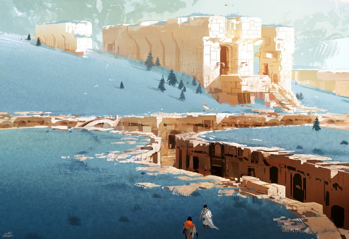 Concept art of ancient ruins and landscape by Sparth