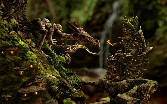 Fantasy forest with a dragon and mushroom village