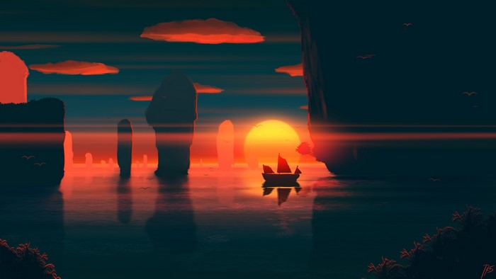 Boat sailing on water during sunset with rock formations