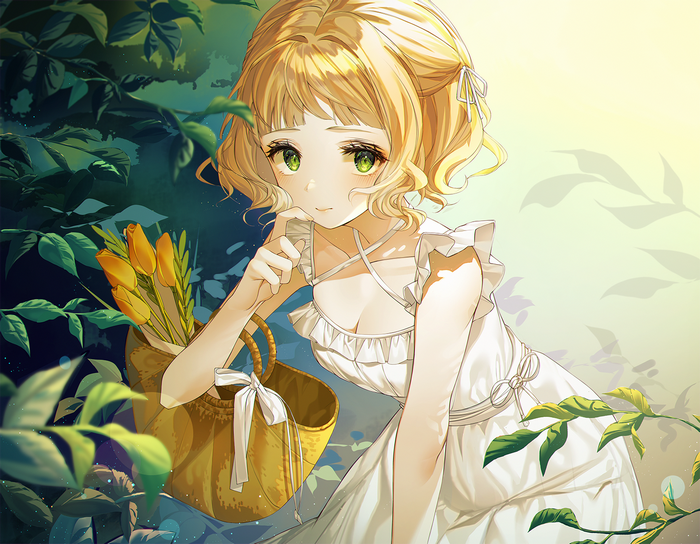 Anime girl with blonde hair and green eyes in a white dress