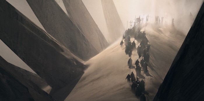 A procession of figures with banners in a desert landscape