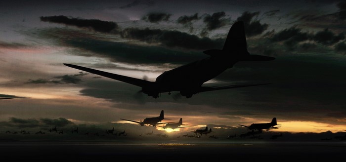 Military aircraft formation at sunset, concept art