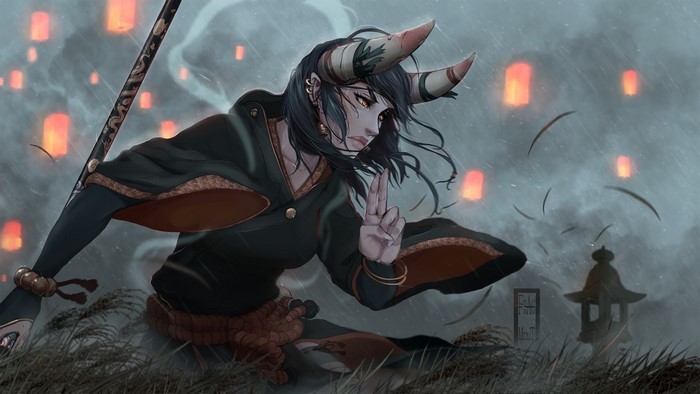 Fantasy girl with horns holding a staff in the rain