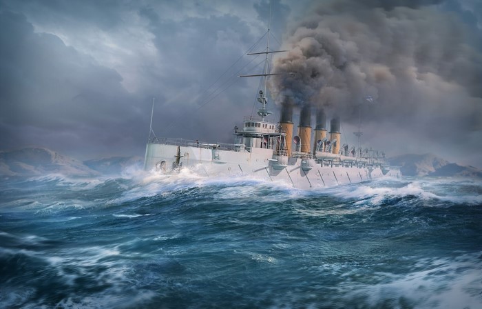 A warship sails through rough seas under a stormy sky