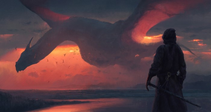 A hooded figure with a sword watches a dragon fly at sunset