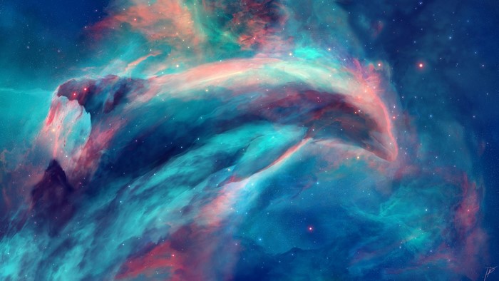 Space art of a nebula with stars and a dolphin shape