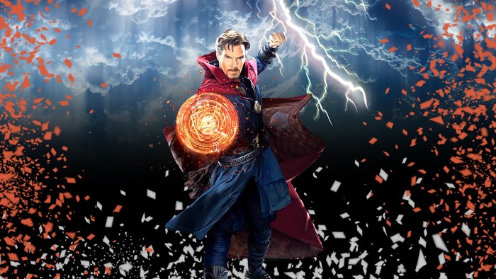 Doctor Strange casting a spell with lightning in the background