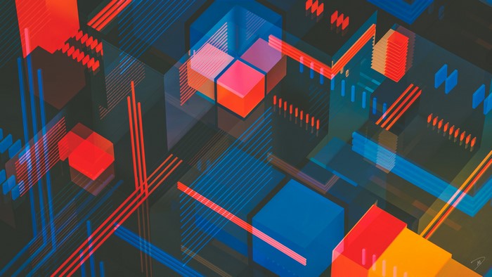 Abstract 3D geometric shapes with red, blue, and orange colors
