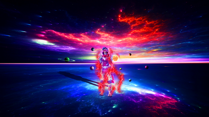 Astronaut surrounded by planets in a colorful nebula