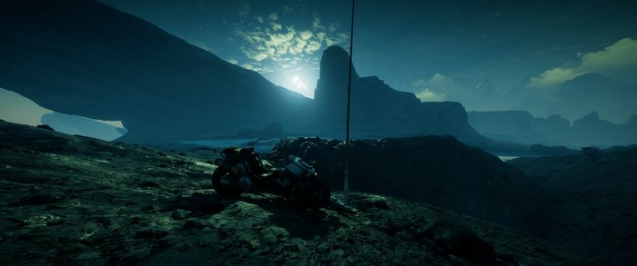 Motorcycle in a desolate landscape from Rage 2