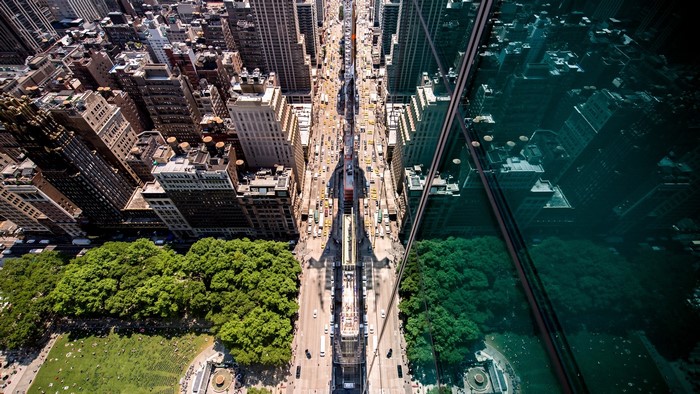 Aerial view of New York City street and Bryant Park