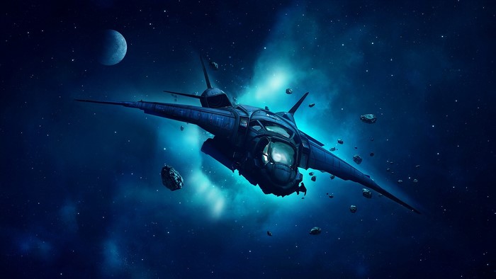 Spaceship in a blue nebula with a moon