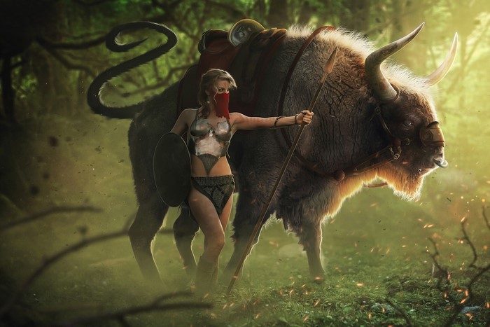 Fantasy girl with spear and shield riding a bison