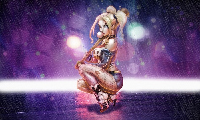 Harley Quinn with baseball bat in the rain