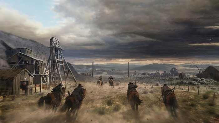 Artwork of cowboys riding horses near a mine