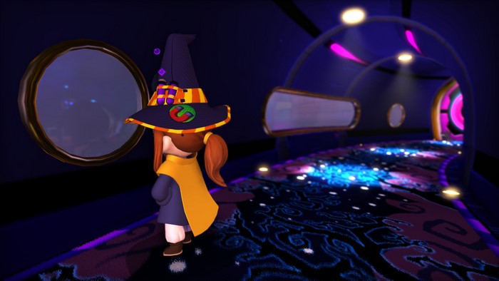 Hat Kid from A Hat in Time in a futuristic hallway
