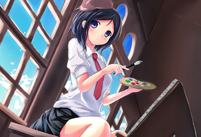 Anime girl in school uniform painting