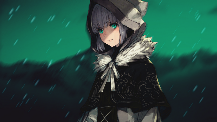 Anime girl with green eyes in a hooded cloak