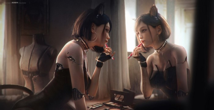 Cyborg woman applying makeup in front of a mirror