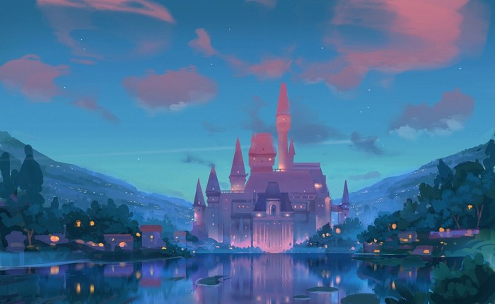 Fantasy castle by a lake at dusk