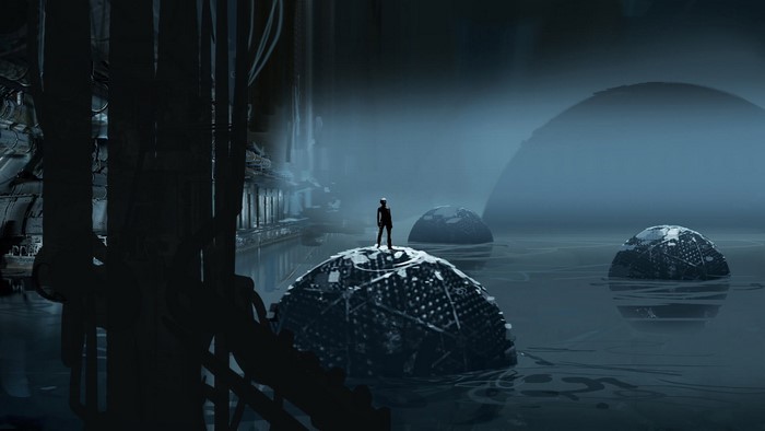 Figure standing on a spherical object in a foggy, watery environment