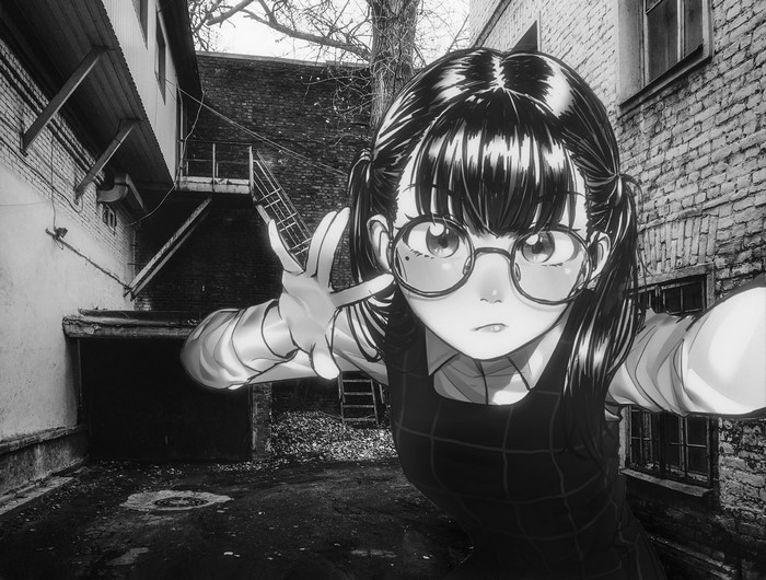 Anime girl with glasses and pigtails holding a guitar