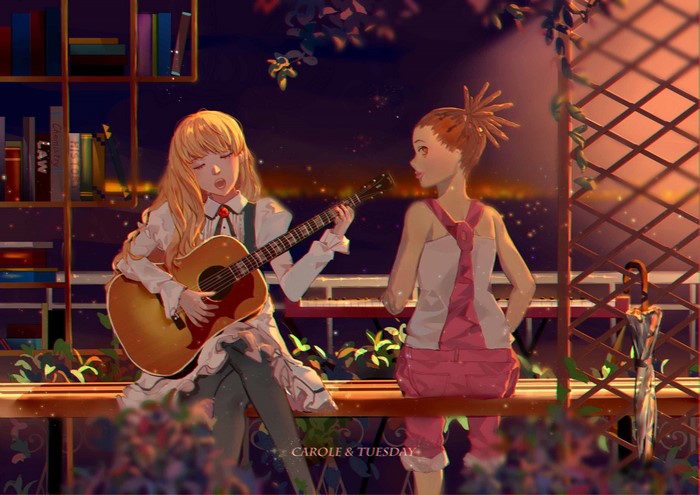 Carole & Tuesday playing guitar and piano