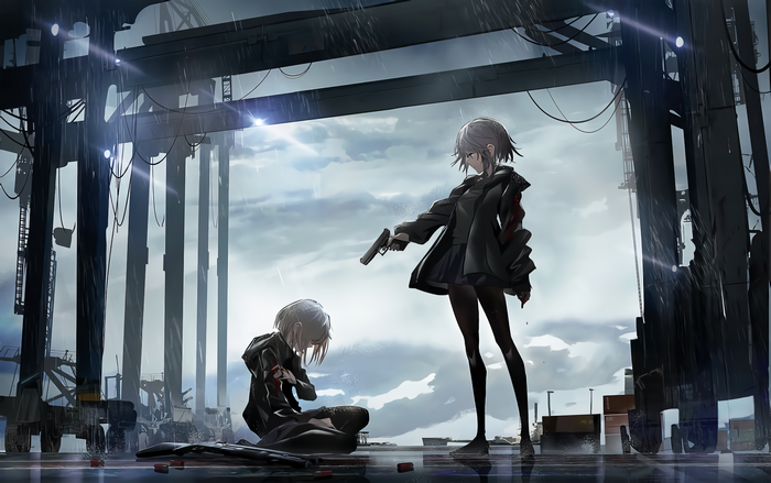 Anime girls with guns in the rain