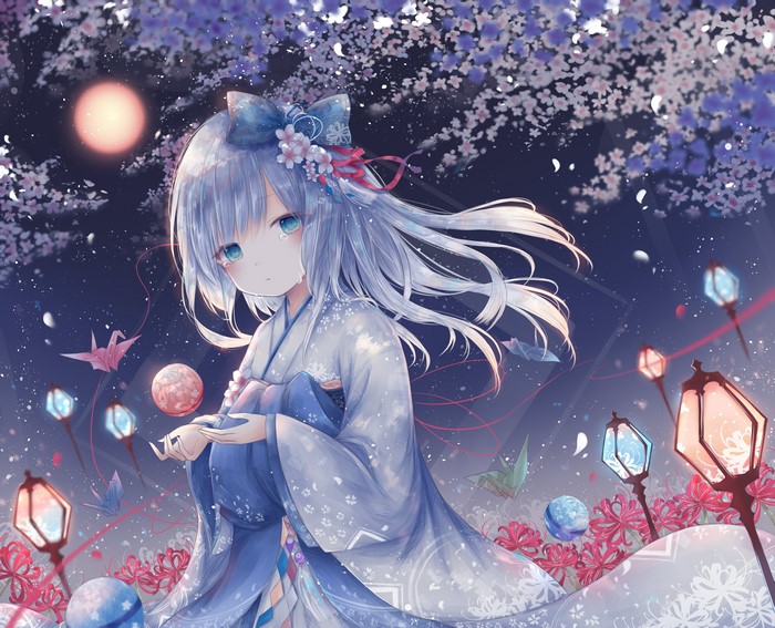 Anime girl in kimono crying under cherry blossoms at night