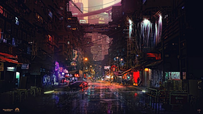 Cyberpunk city street at night with neon lights