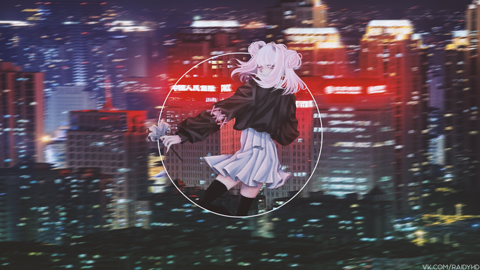Anime girl with pink hair in a city at night
