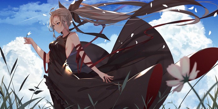 Anime girl in a black dress holding a white flower
