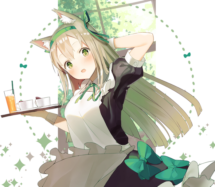 Maid with cat ears serving drinks and cake