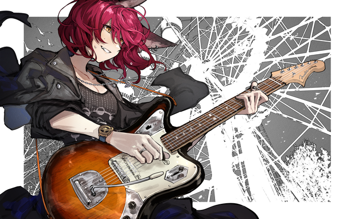 Anime girl with pink hair playing a Fender guitar
