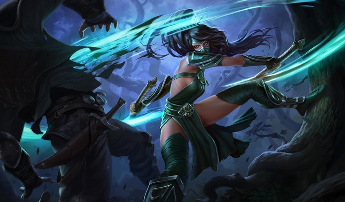 Akali from League of Legends fighting with swords
